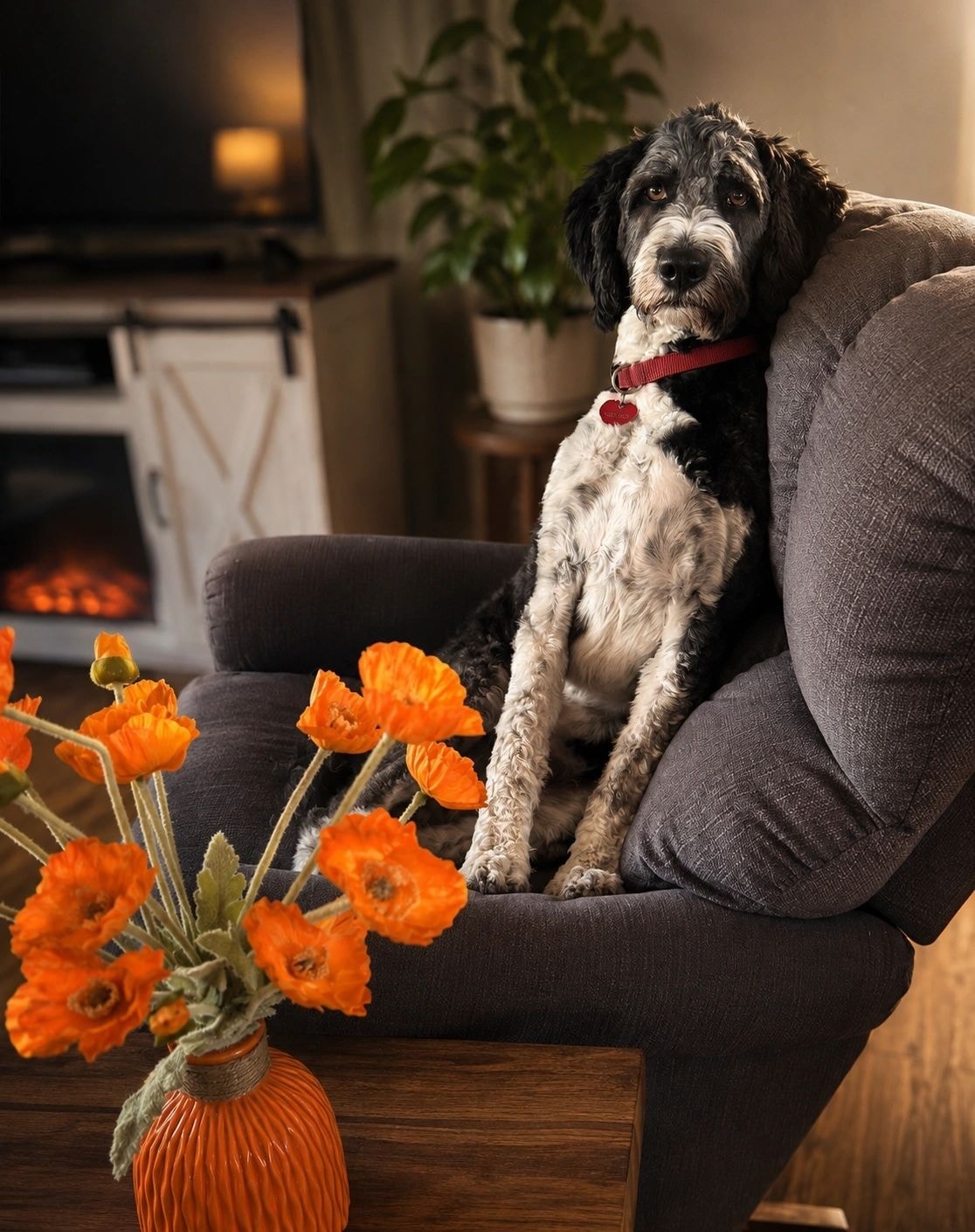 Snoopy-Doo sitting on a chair with vibrant orange poppies at Happy Hounds AZ