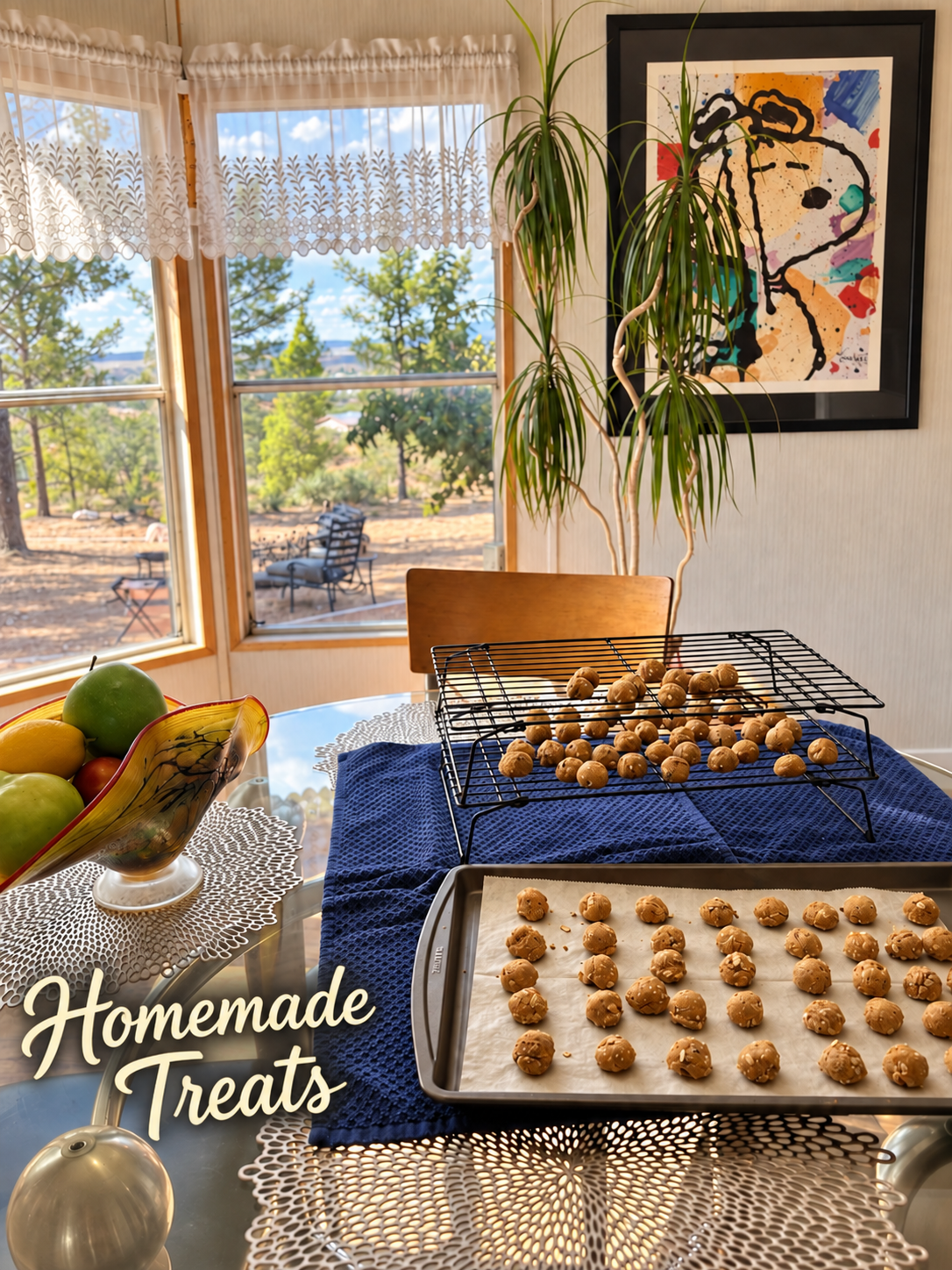 Homemade dog treats with Snoopy kitchen artwork