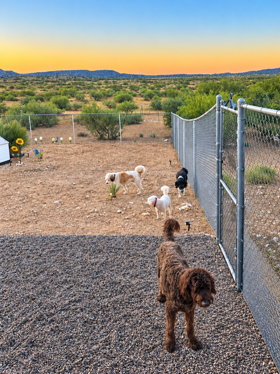 Dogs playing in the secure fenced yard at Happy Hounds AZ